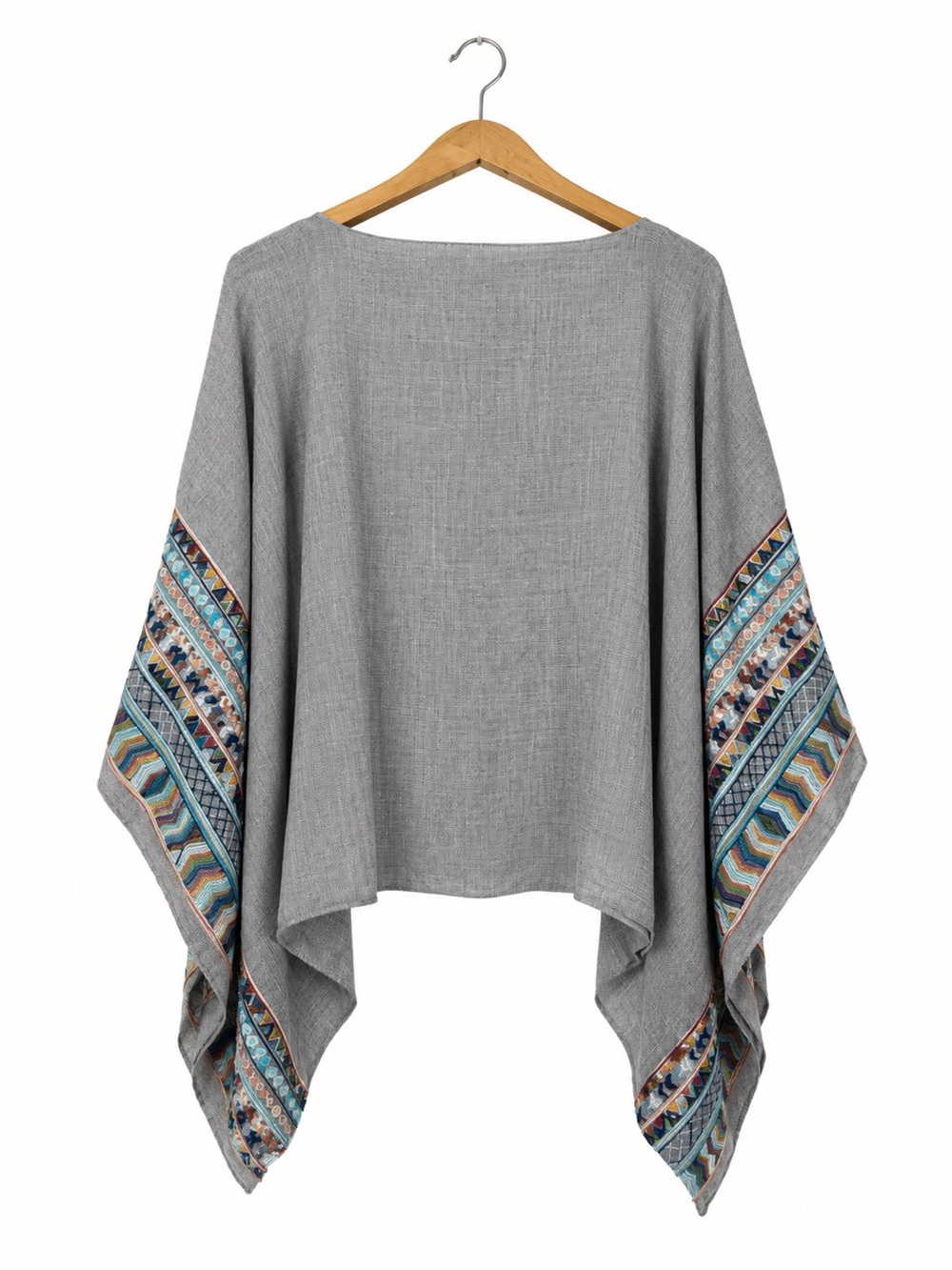JeongsookOh Boho Festival Cotton Kimono Poncho Shrug Gray/Multicolor OS - Picture 2 of 10